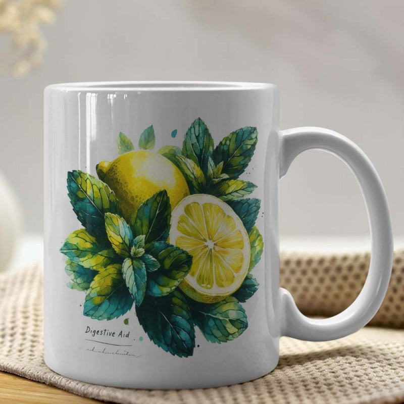 Tailorly White Ceramic 11 oz Mug - Digestive Aid Fresh Yellow Citrus Fruits Nestled Among Vibrant Green Mint Leaves Lemon