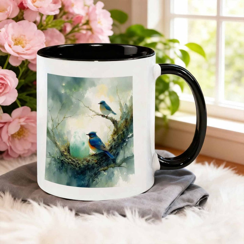 Tailorly Black Accent 11 oz Mug - watercolor blue bird and its eggs in a nest