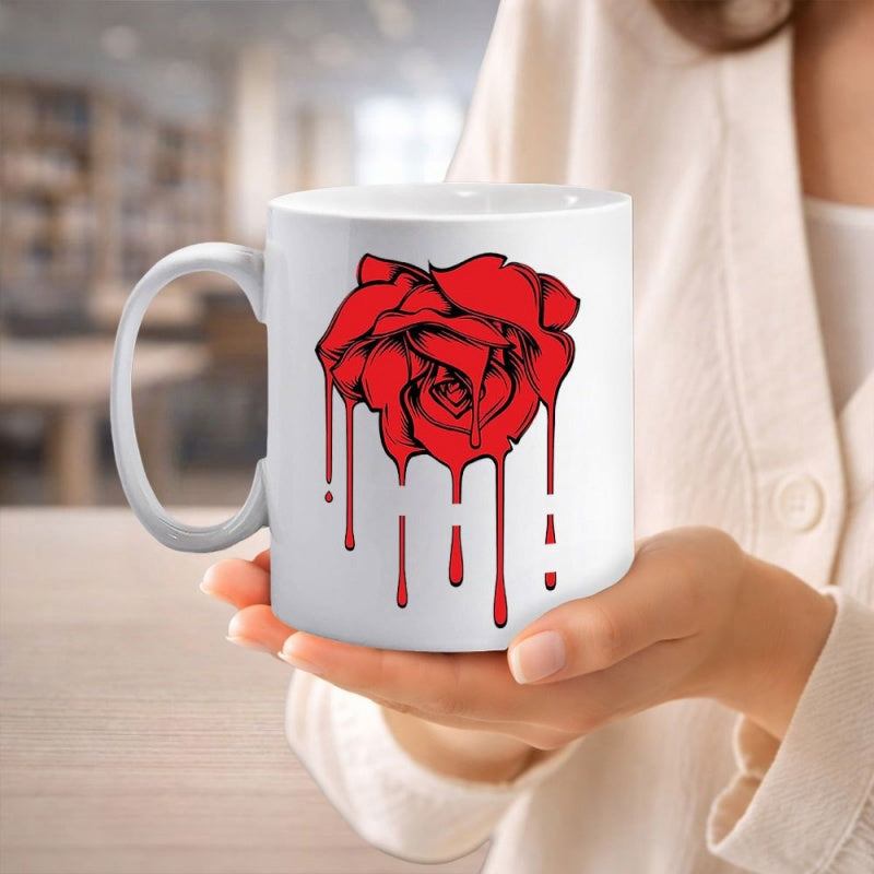 Tailorly White Ceramic 11 oz Mug - Artistic Red Petals With Dark Gothic Liquid Paint Dripping Down Rose
