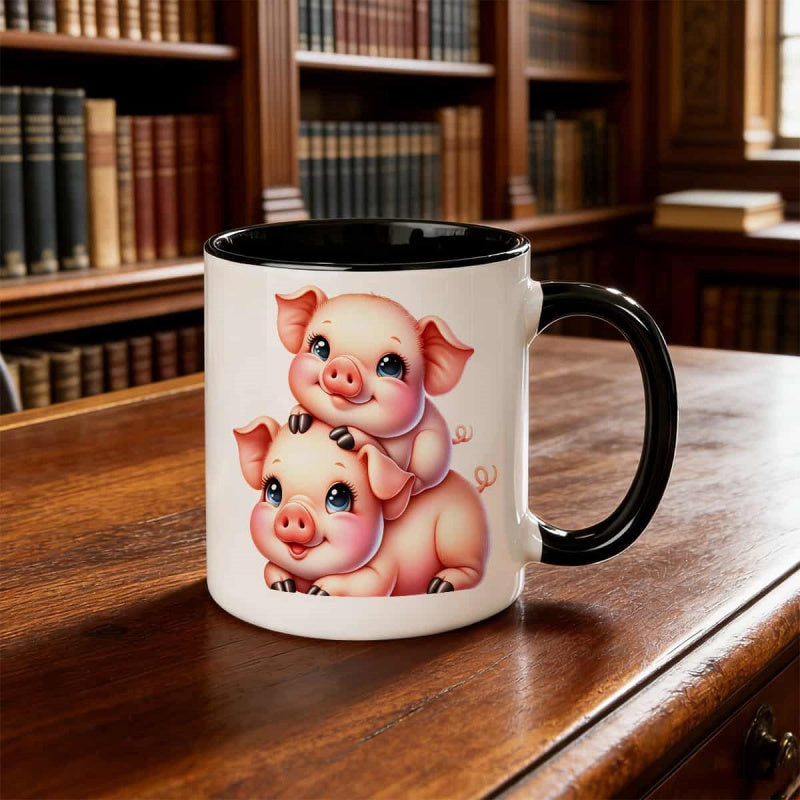 Tailorly Black Accent 11 oz Mug - two pink hugging cartoon characters