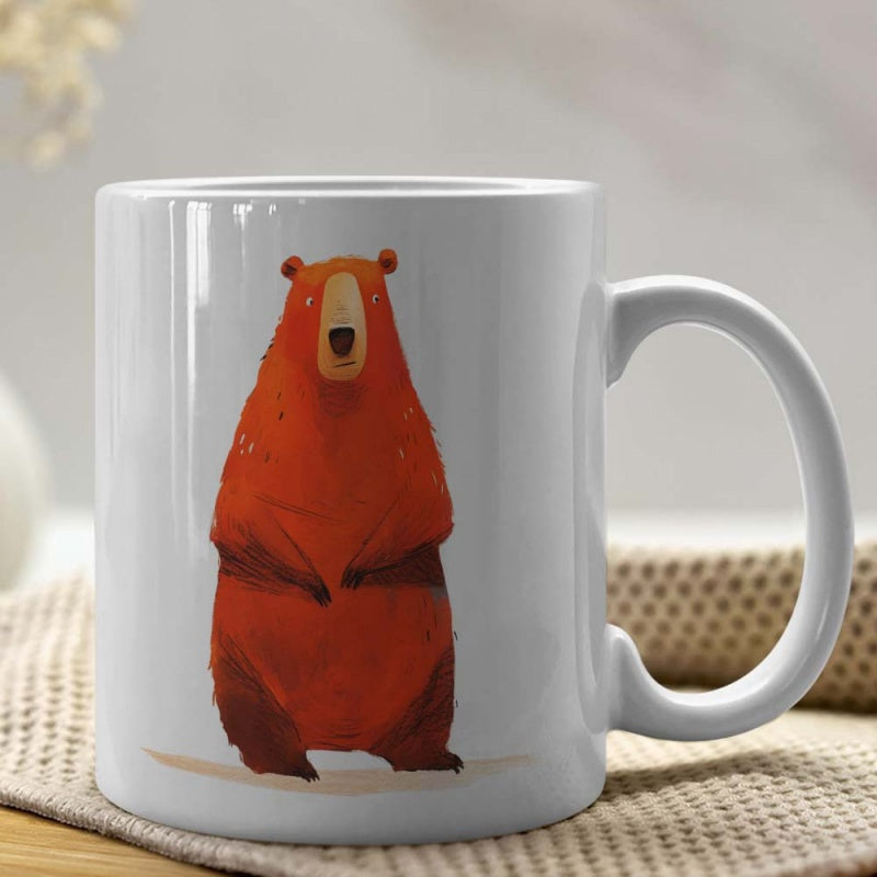 Tailorly White Ceramic 11 oz Mug - Warm Reddish Standing Forest Animal In Minimalist Hand Drawn Style Bear