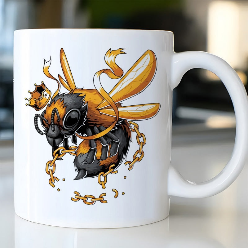 Tailorly White Ceramic 11 oz Mug - Majestic Golden Queen Bee Wearing Crown Breaking Through Heavy Golden Chains Bee