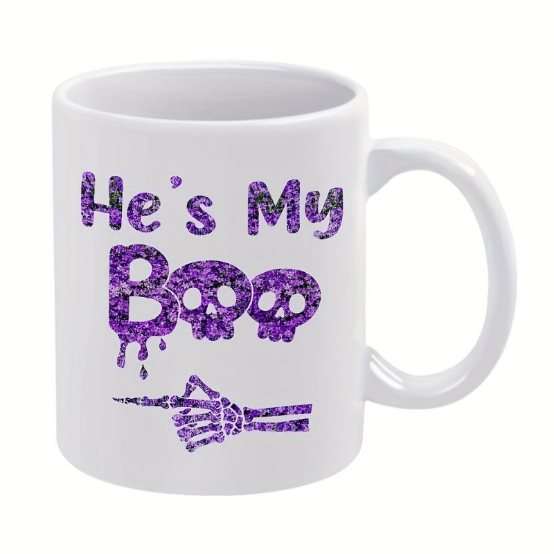 Tailorly White Ceramic 11 oz Mug - Hes My Boo Sparkling Purple Glitter Texture Featuring Skulls And A Skeletal Hand Skull