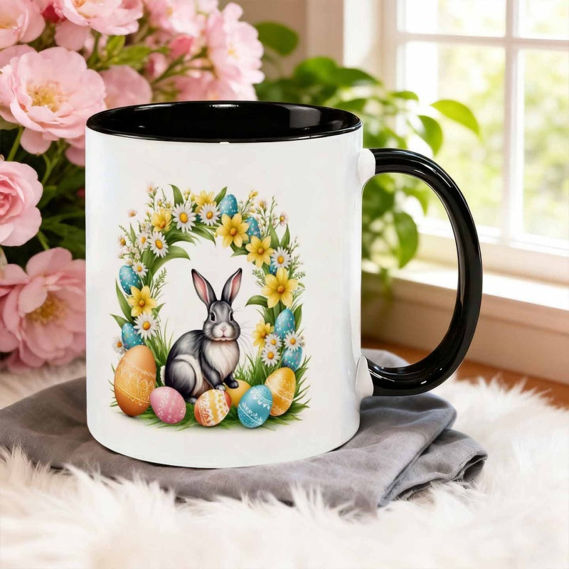 Tailorly Black Accent 11 oz Mug - realistic rabbit with a floral wreath and easter eggs