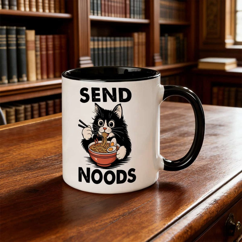Tailorly Black Accent 11 oz Mug - cat eating noodles with text