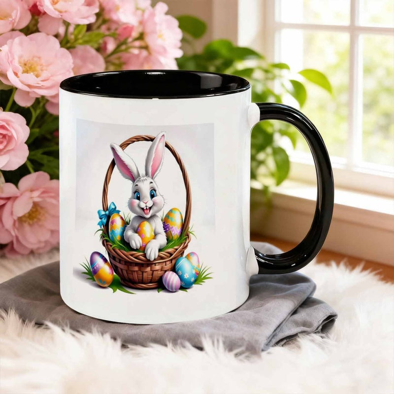 Tailorly Black Accent 11 oz Mug - 3d cartoon rabbit holding egg in basket