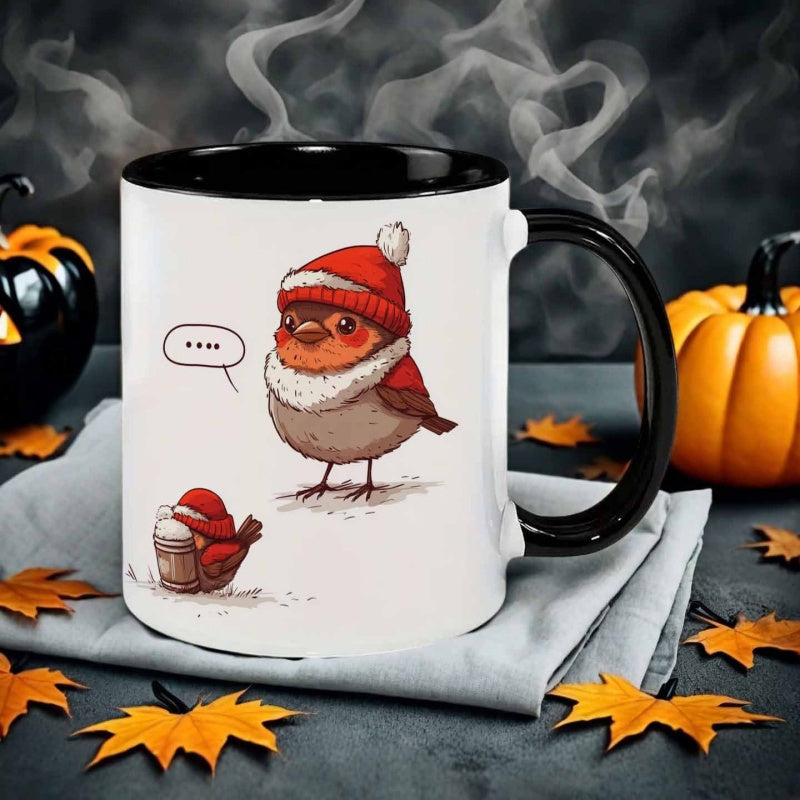 Tailorly Black Accent 11 oz Mug - cartoon style bird with hat