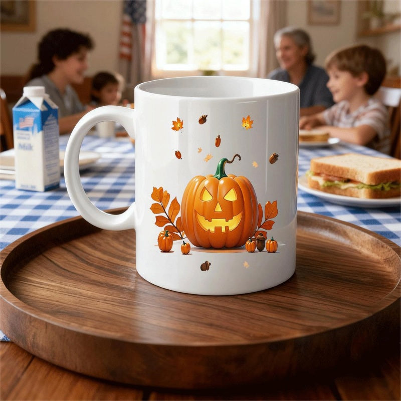 Tailorly White Ceramic 11 oz Mug - Festive Smiling Jack O Lantern Surrounded By Golden Autumn Leaves Pumpkin