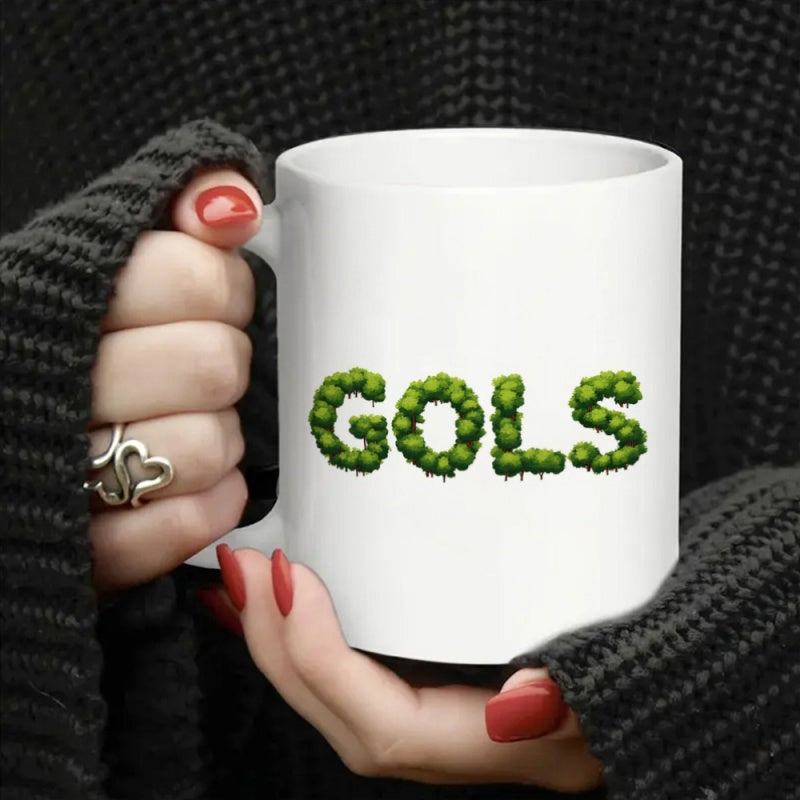 Tailorly White Ceramic 11 oz Mug - Gols Vibrant Green Botanical Bush Texture Forming Creative Nature Inspired Bold Alphabet Lettering