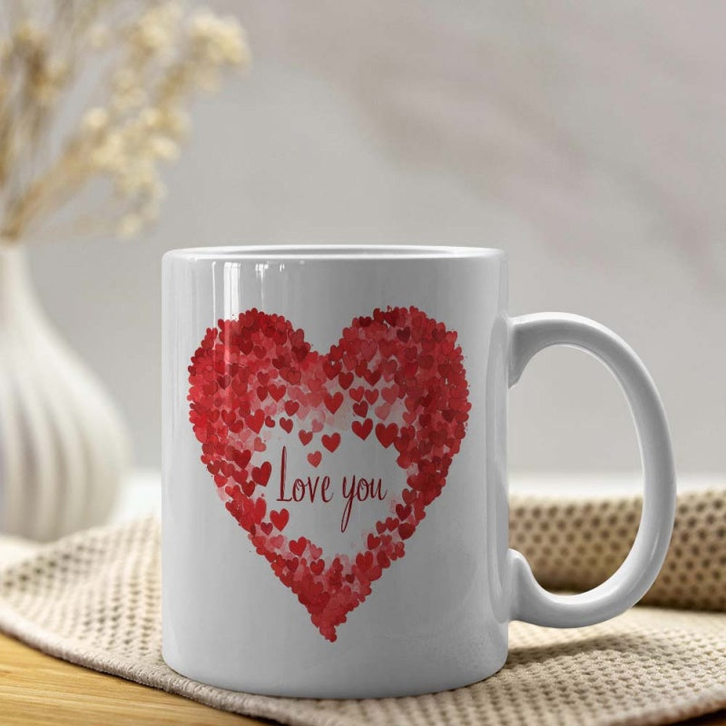 Tailorly White Ceramic 11 oz Mug - Love You Romantic Red Mosaic Of Small Scattered Hearts Surrounding Sentimental Cursive Text Heart