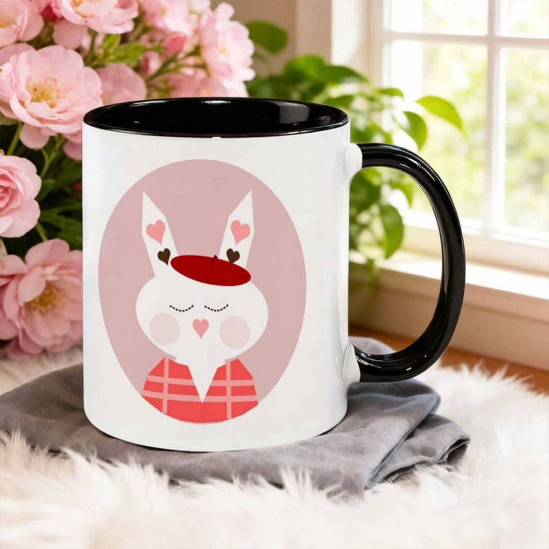 Tailorly Black Accent 11 oz Mug - heart rabbit wearing beret