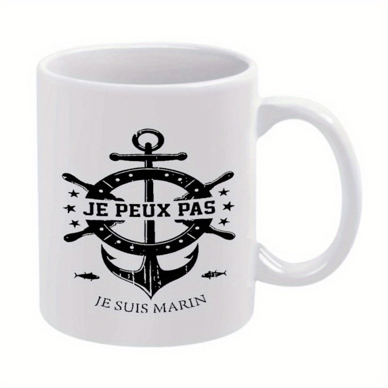 Tailorly White Ceramic 11 oz Mug - Vintage Style Nautical Ship Wheel Centered Over Distressed Sea Anchor