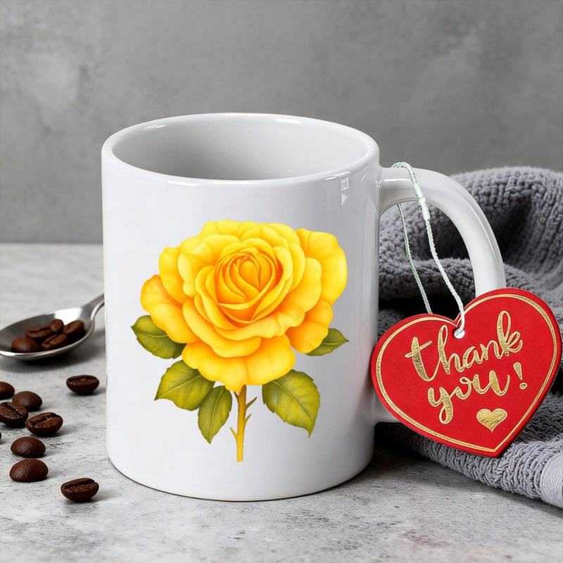 Tailorly White Ceramic 11 oz Mug - Thank You Beautiful Vibrant Yellow Rose Blooming With Lush Green Leaves Rose