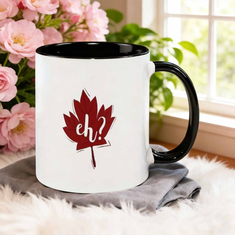 Tailorly Black Accent 11 oz Mug - minimalist maple leaf with message "it retains heat is reusable dishwasher"