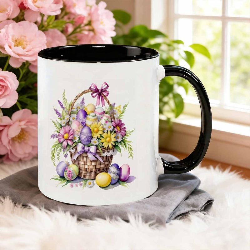 Tailorly Black Accent 11 oz Mug - watercolor flower basket carrying easter eggs