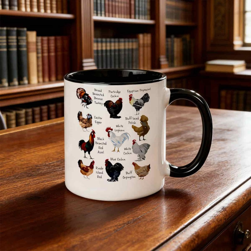 Tailorly Black Accent 11 oz Mug - colorful poultry breeds illustration