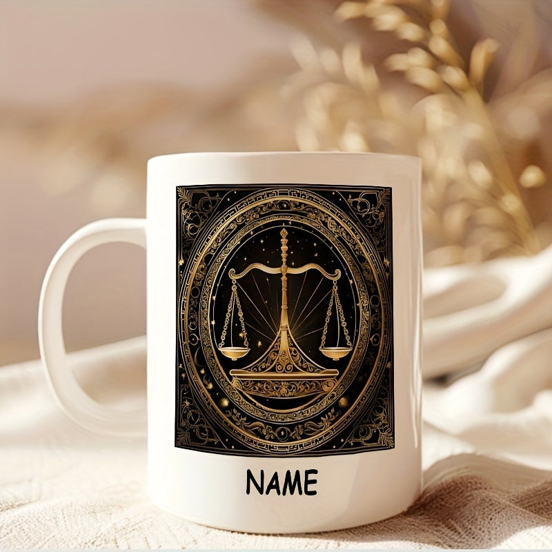 Tailorly White Ceramic 11 oz Mug - Name Elegant Golden Ornate Justice Balance Resting Within A Starry Midnight Border Scales