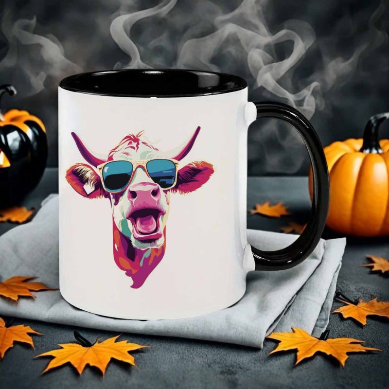 Tailorly Black Accent 11 oz Mug - vibrant cow with fashion glasses