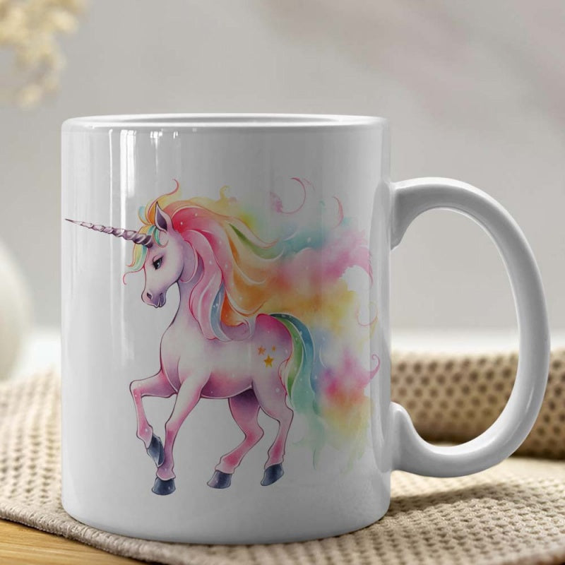 Tailorly White Ceramic 11 oz Mug - Watercolor Mane And Flowing Tail Dancing Among Rainbow Clouds Unicorn