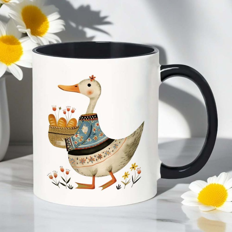 Tailorly Black Accent 11 oz Mug - goose coffee mug with duck and bread design