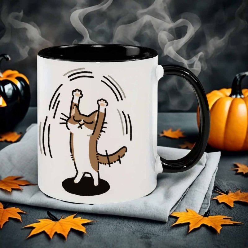 Tailorly Black Accent 11 oz Mug - illustration style stretching cat
