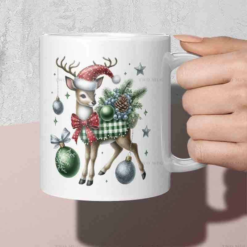 Tailorly White Ceramic 11 oz Mug - Festive Winter Animal Wearing Red Santa Hat And Plaid Sweater Among Sparkling Ornaments Reindeer
