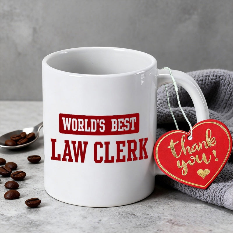 Tailorly White Ceramic 11 oz Mug - Worlds Best Law Clerk Thank You Minimalist Ceramic Design Resting Beside A Spoonful Of Roasted Coffee Beans Mug