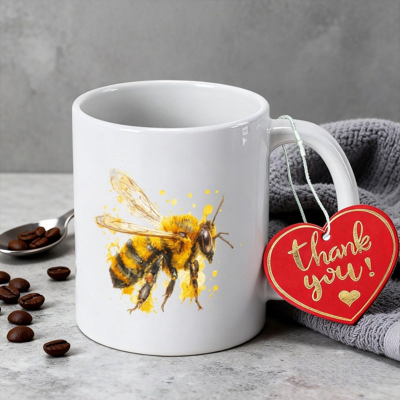 Tailorly White Ceramic 11 oz Mug - Thank You Vibrant Watercolor Style With Artistic Golden Paint Splatters Detailed Wing Bee
