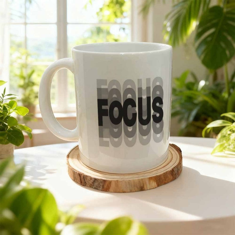 Tailorly White Ceramic 11 oz Mug - Focus Minimalist Bold Typography With Vertical Echo Effect On Plain