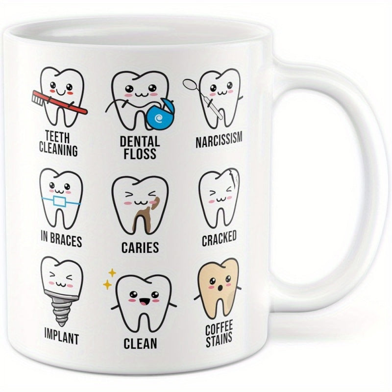 Tailorly White Ceramic 11 oz Mug - Teeth Cleaning Dental Floss Narcissism In Braces Caries Cracked Implant Clean Coffee Stains Cute Cartoon Characters With Various