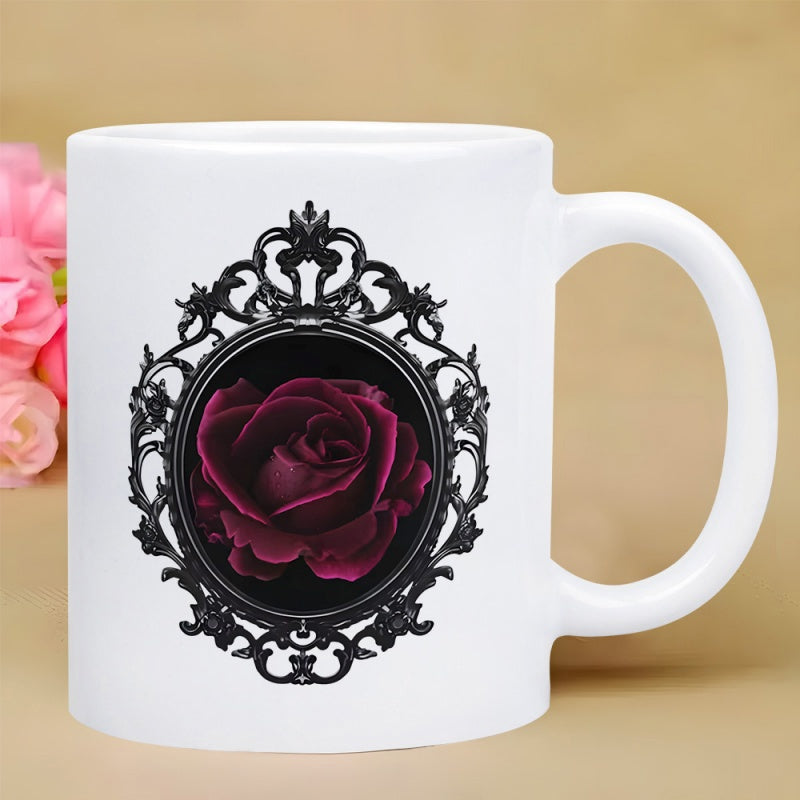Tailorly White Ceramic 11 oz Mug - Elegant Dark Red Blooming Petals Enclosed By A Vintage Gothic Ornate Frame Rose