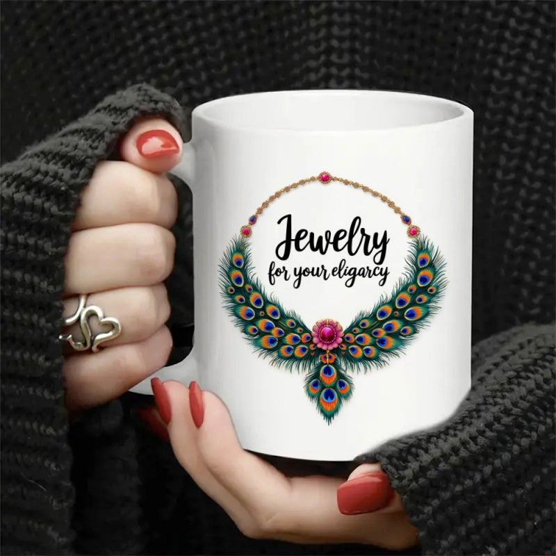Tailorly White Ceramic 11 oz Mug - Jewelry For Your Elegance Ornate Peacock Feathers With Glistening Jewels And Elegant Golden Chain Necklace