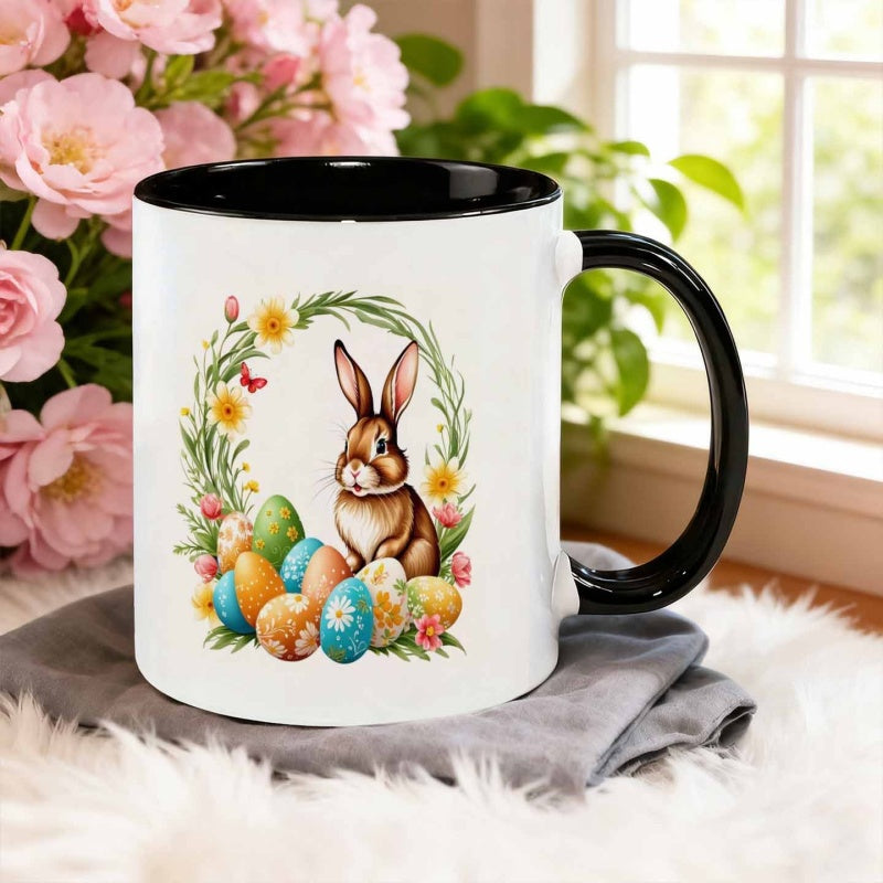 Tailorly Black Accent 11 oz Mug - illustration style rabbit with colorful egg cluster