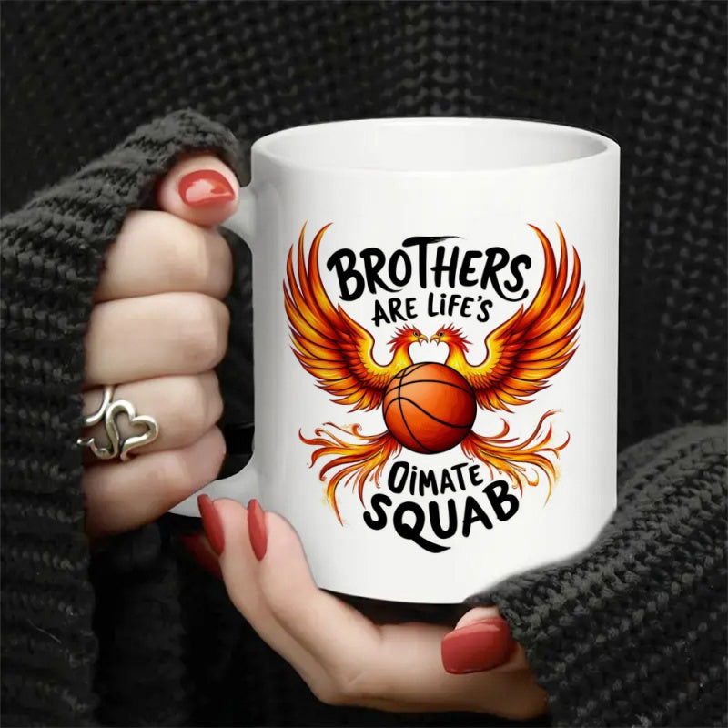 Tailorly White Ceramic 11 oz Mug - Brothers Are Life's Ultimate Squad Fiery Phoenix Birds With Majestic Spreading Wings Guarding A Classic Basketball