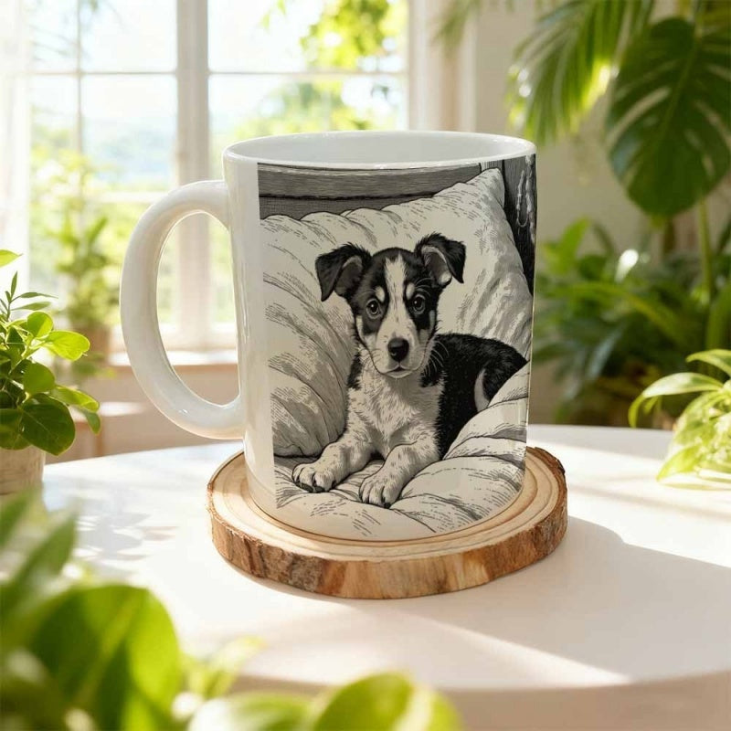 Tailorly White Ceramic 11 oz Mug - Hand Drawn Sketch Of A Sitting Puppy Resting On Soft Cushions Dog