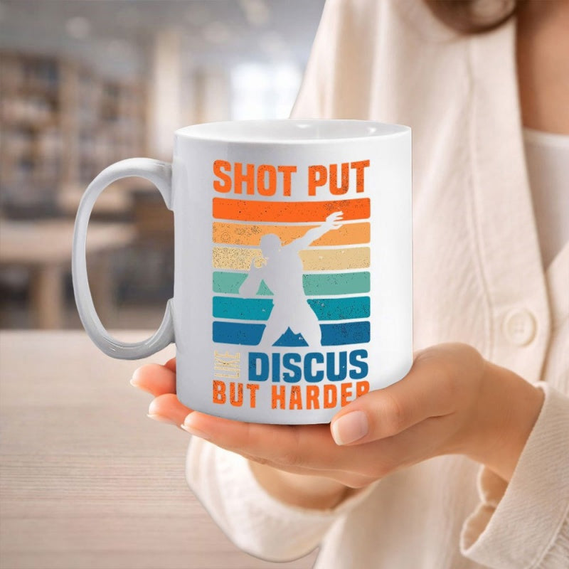 Tailorly White Ceramic 11 oz Mug - Shot Put Discus But Harder Vintage Retro Sunset Stripes With Silhouette Of A Sporting Athlete