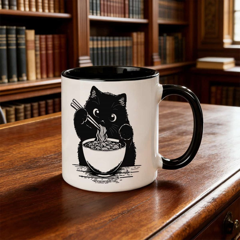 Tailorly Black Accent 11 oz Mug - cute kitten eating noodles