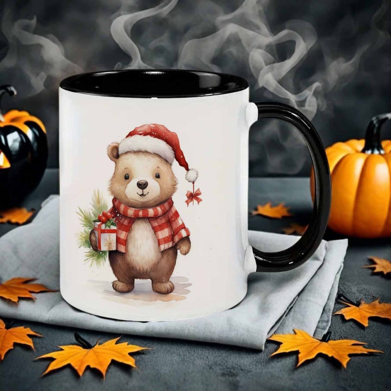 Tailorly Black Accent 11 oz Mug - watercolor style christmas bear