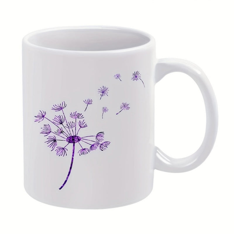 Tailorly White Ceramic 11 oz Mug - Purple Flower Blowing In The Gentle Breeze With Floating Seeds Dandelion