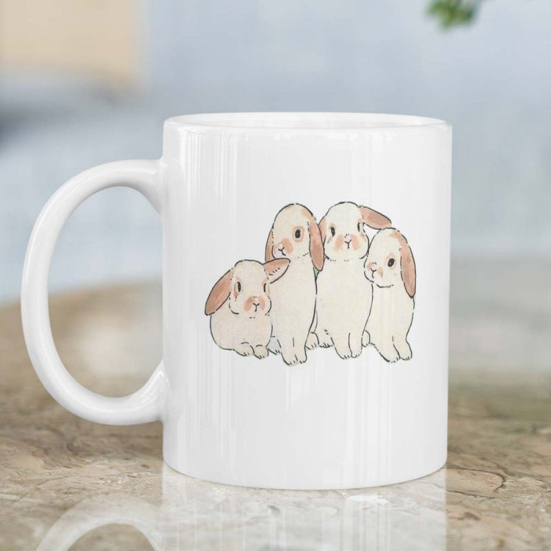 Tailorly White Ceramic 11 oz Mug - Adorable Group Of Four Lop Eared Bunny Hand Drawn Sketch Rabbits