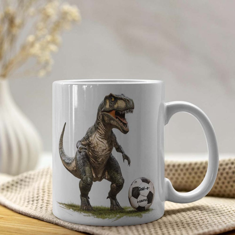 Tailorly White Ceramic 11 oz Mug - Powerful Prehistoric Creature Playing Soccer On A Green Grass Patch Dinosaur