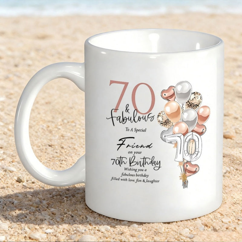 Tailorly White Ceramic 11 oz Mug - Seventy Fabulous Special Friend Birthday Elegant Rose Gold And White Heart Shaped Balloons Floating Beside Text Mug