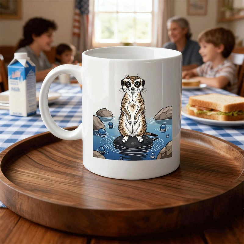 Tailorly White Ceramic 11 oz Mug - Alert Wild Animal Standing On Rock Surrounded By Rippling Water Meerkat