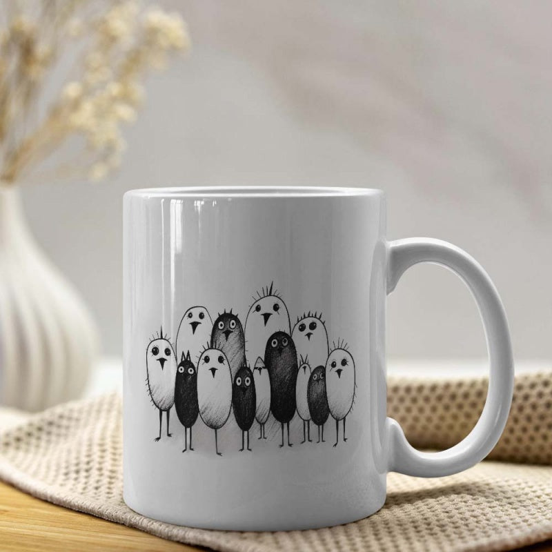 Tailorly White Ceramic 11 oz Mug - Whimsical Hand Drawn Group Of Quirky Birds Standing Together In Monochrome Bird