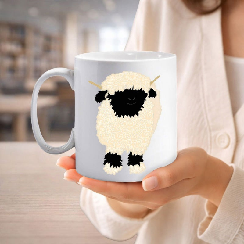 Tailorly White Ceramic 11 oz Mug - Fluffy Cartoon Animal Standing With White Wool And Black Face Sheep