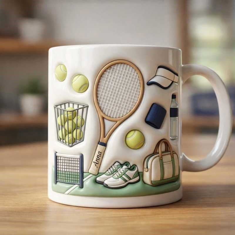 Tailorly White Ceramic 11 oz Mug - Anna Vibrant Sports Gear And Equipment Collection On Green Court Racket