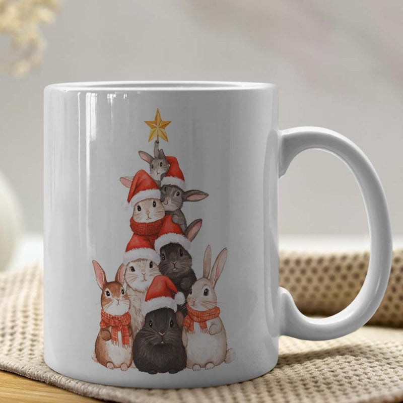 Tailorly White Ceramic 11 oz Mug - Adorable Festive Bunnies Wearing Red Santa Hats Stacked In Pyramid Shape Bunny
