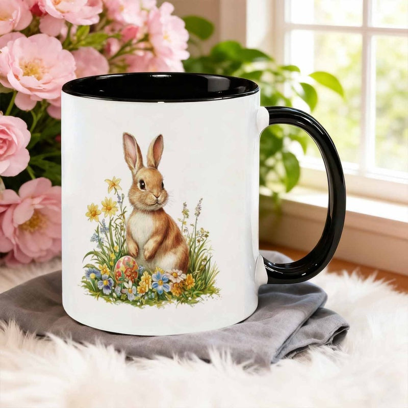 Tailorly Black Accent 11 oz Mug - realistic watercolor style rabbit with flower egg