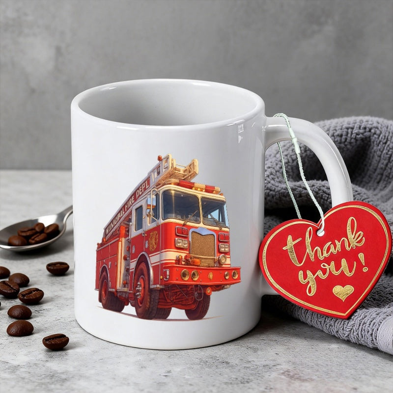 Tailorly White Ceramic 11 oz Mug - Thank You Detailed Red Rescue Engine Featuring Extension Ladder Amidst A Busy Scene Fire Truck