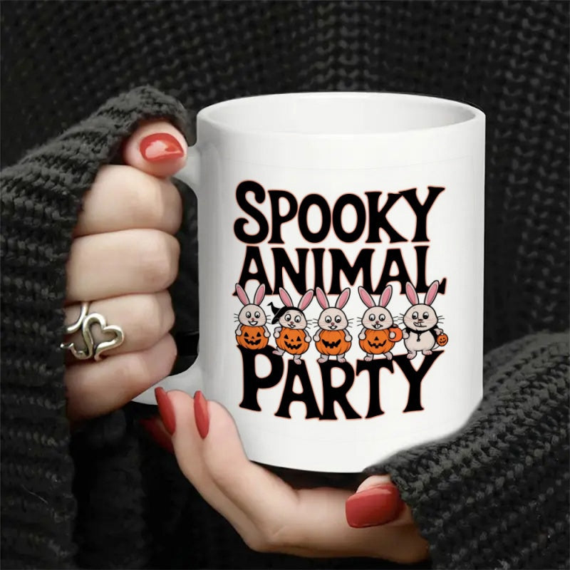 Tailorly White Ceramic 11 oz Mug - Spooky Animal Party Five Cute White Bunnies Holding Orange Pumpkin Pails Bunny